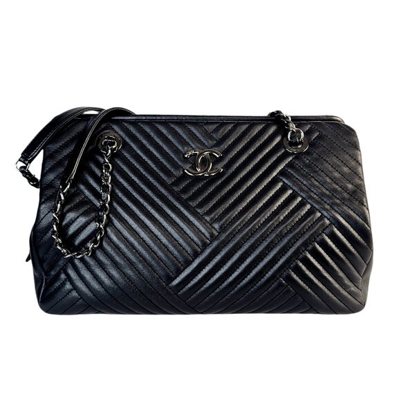 CHANEL CC Crossing Shopping Tote Shoulder Bag Chain Black Chevron 2016 Silver - Picture 5 of 16